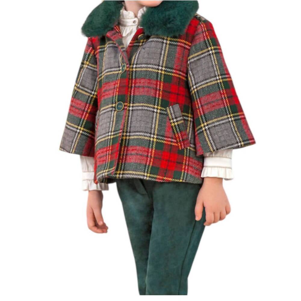 NEW ABEL & LULA plaid girls coat with faux fur collar in red and bottle green